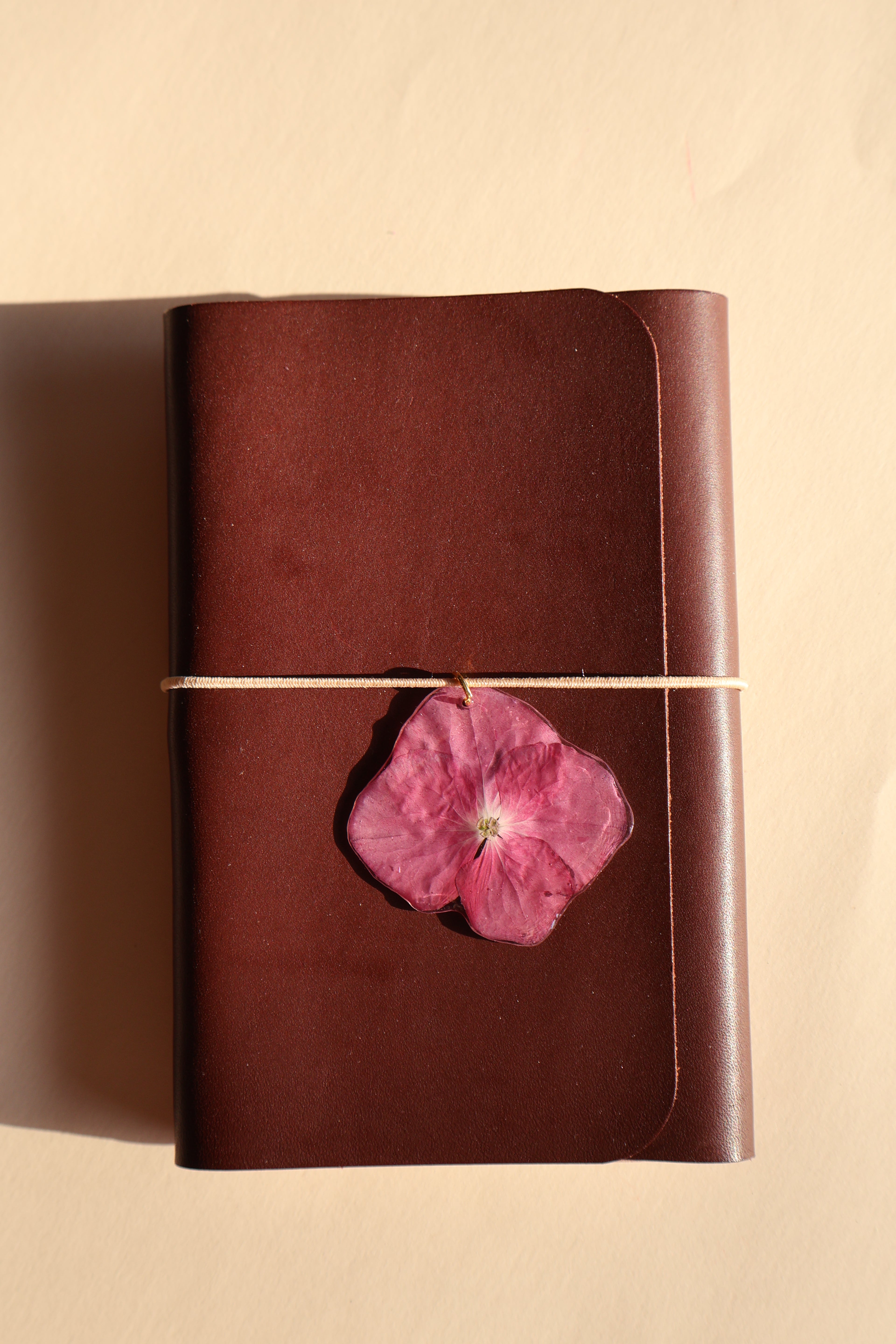 Brown leather with pink flower and string on a beige background