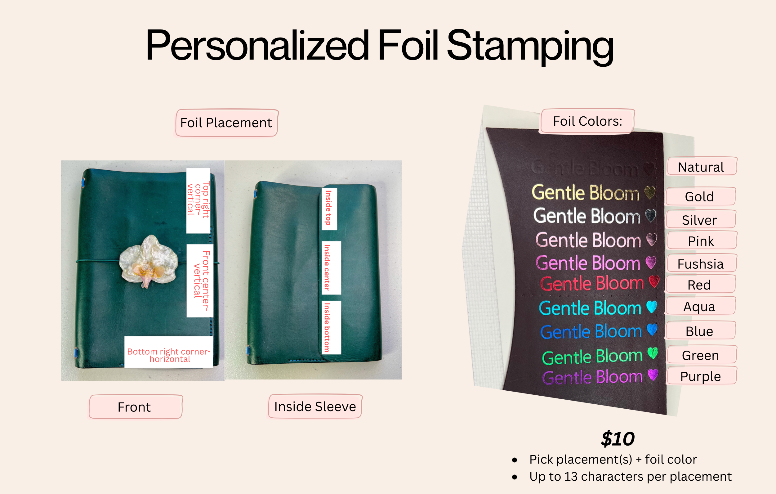 Personalized foil stamping service with product examples and color options.