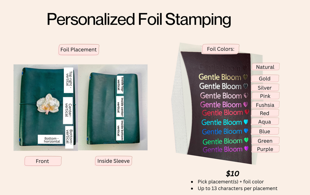 Gentle Bloom personalized foil stamping service with product packaging and color options.