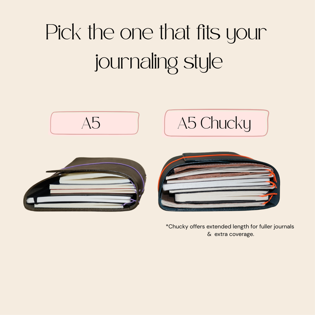 Two A5 notebooks with text indicating 'A5' and 'A5 Chucky' on a beige background.