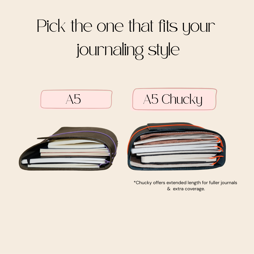 Two A5 notebooks with text indicating 'A5' and 'A5 Chucky' on a beige background.