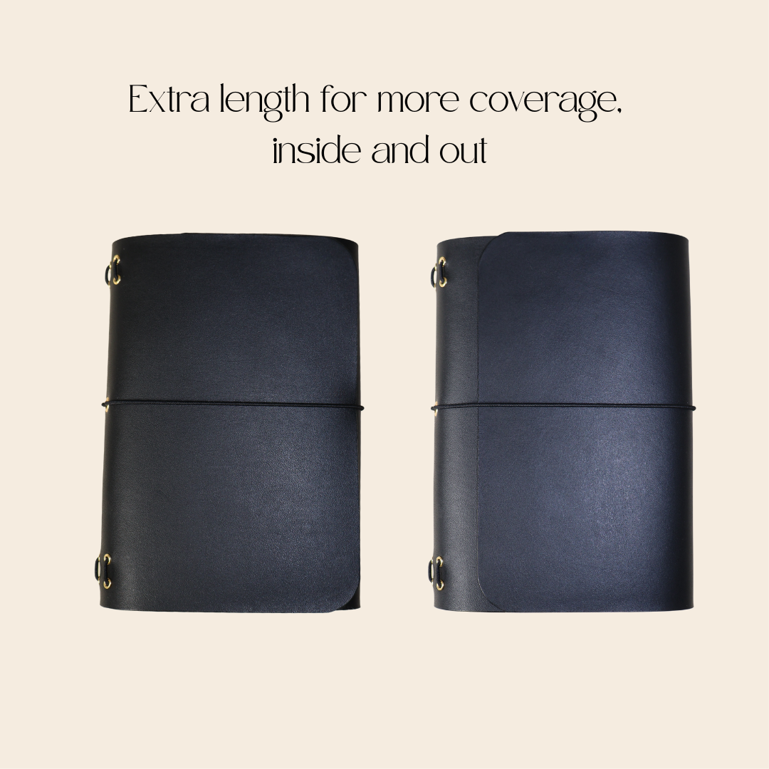 Two black leather journals with gold accents on a beige background.