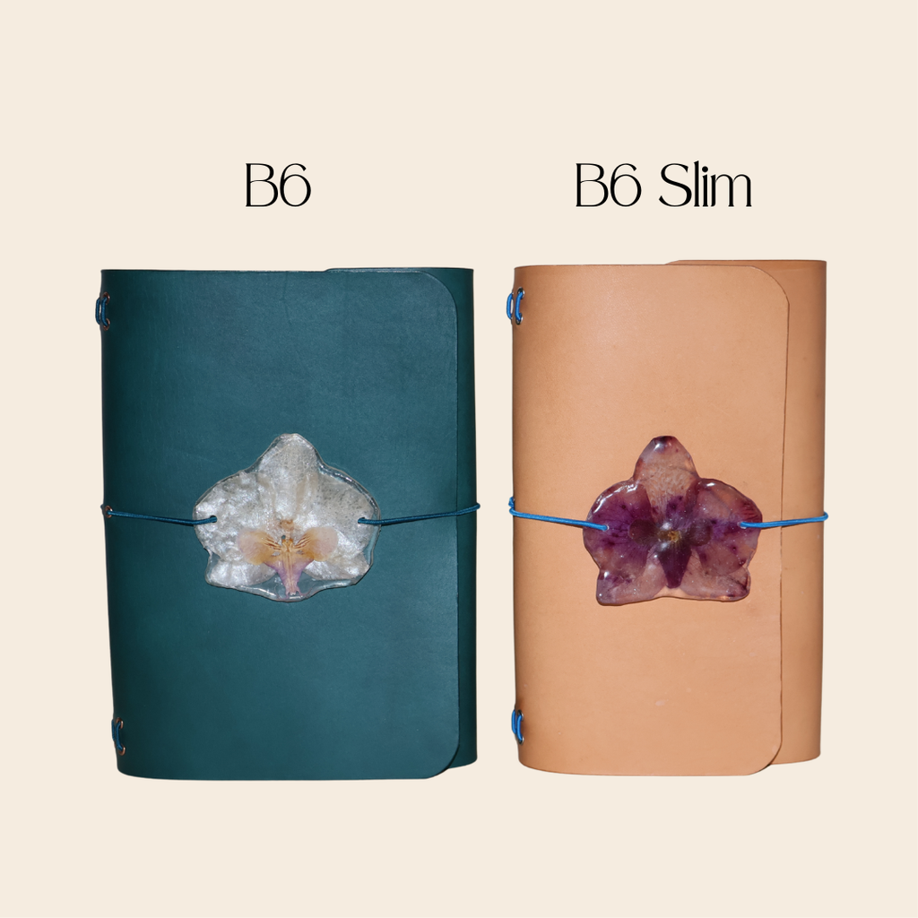 Two notebooks, one turquoise and one tan, with flower charms on a beige background.
