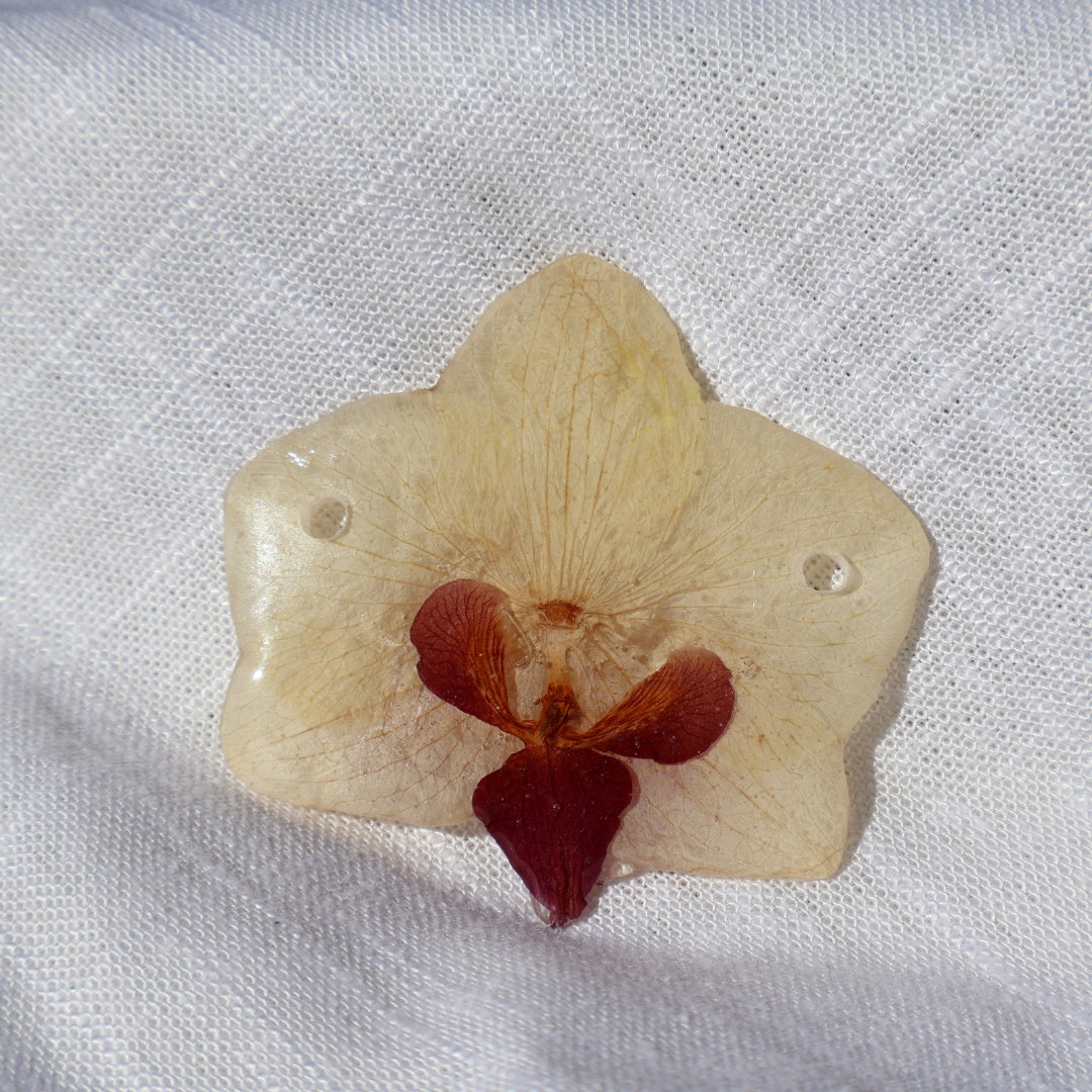 Pressed flower with red center on a white fabric background