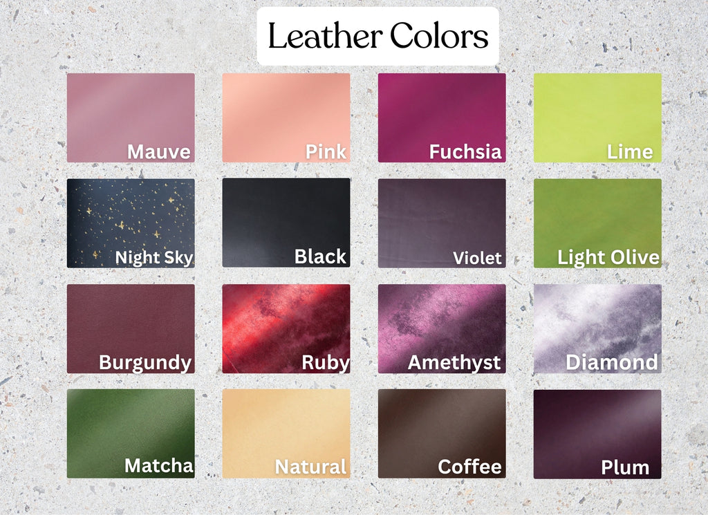 Color swatches of leather in various colors on a textured background
