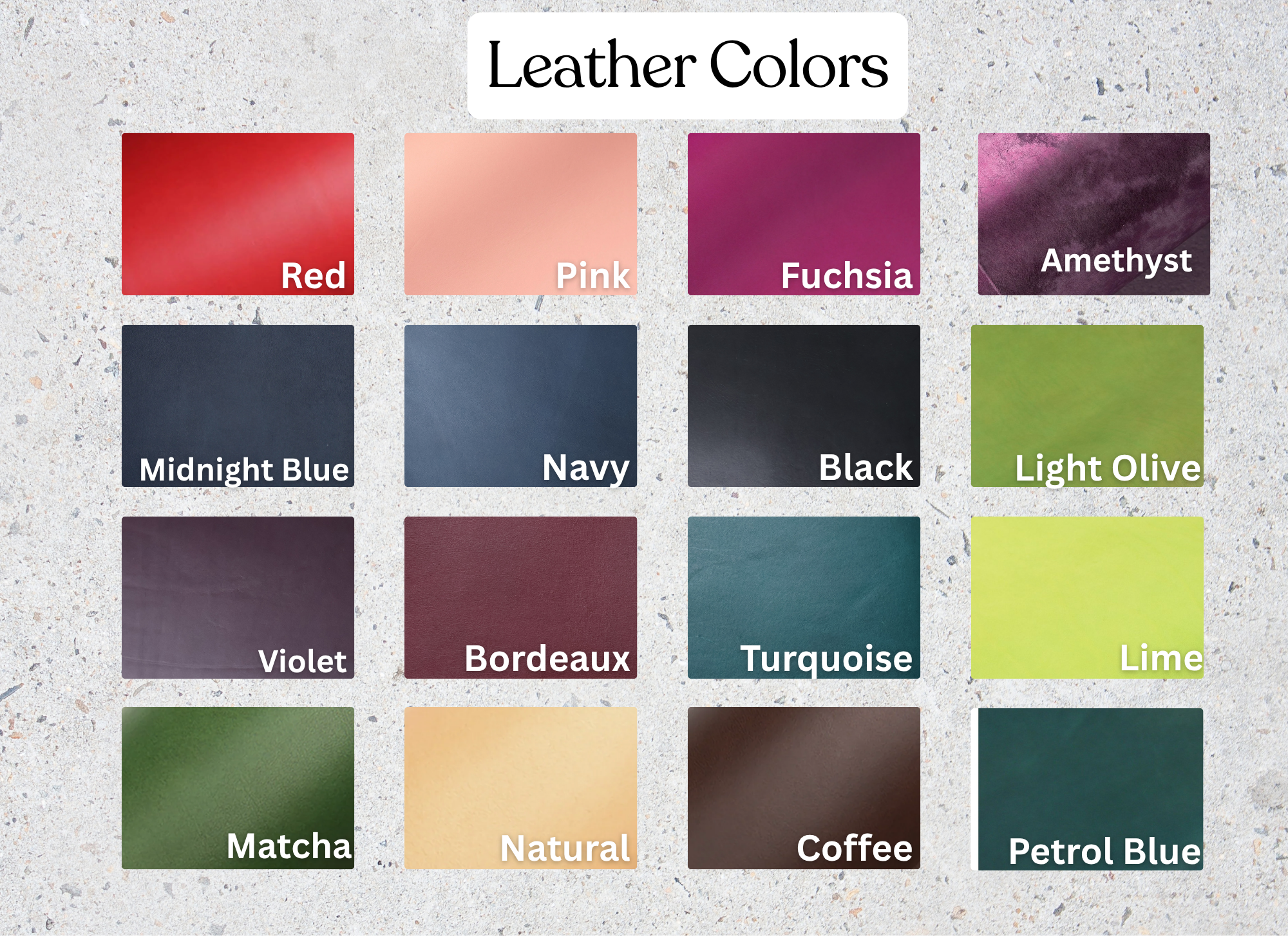 Color swatches of leather in various colors with labels on a textured gray background