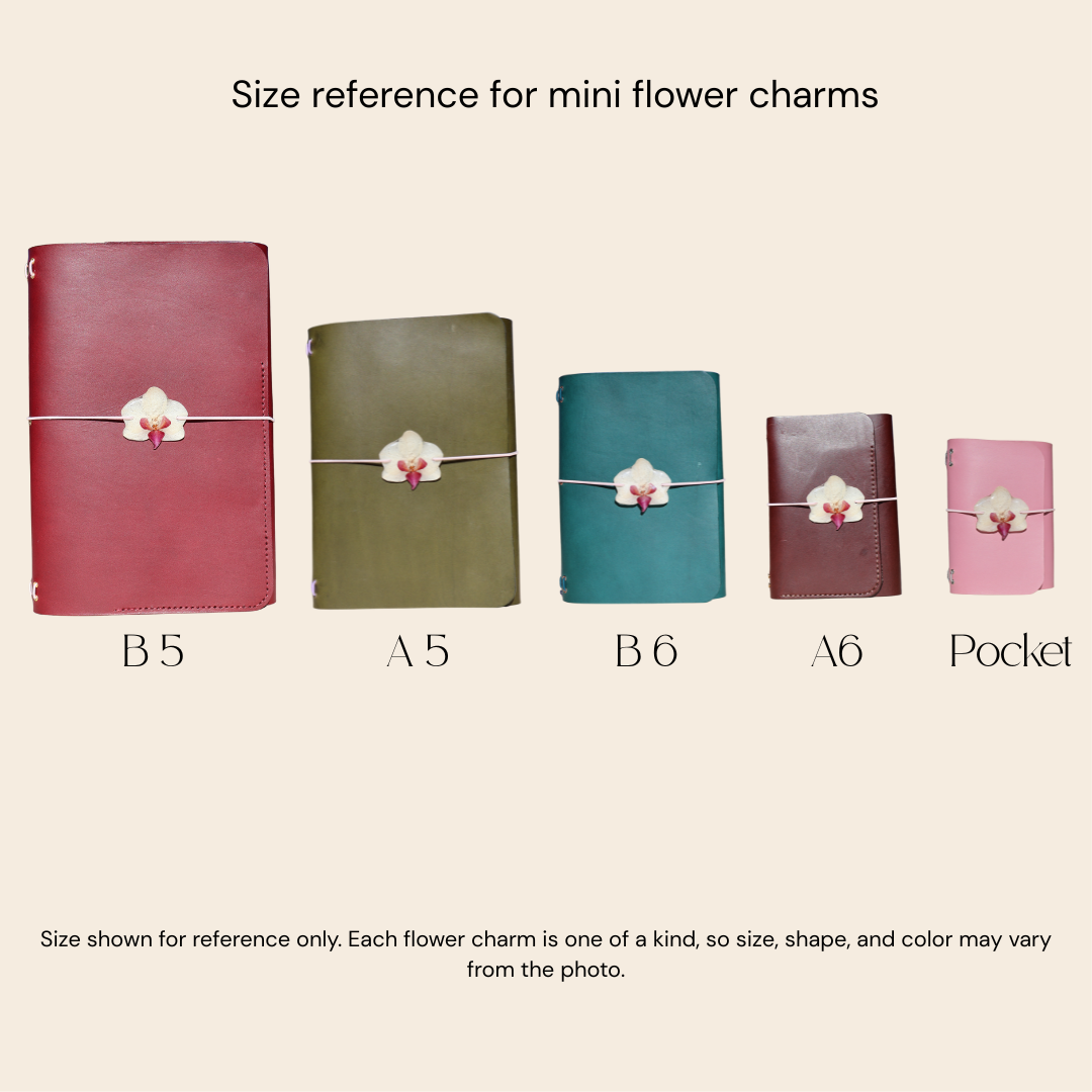 size reference of small flower charm on different journal sizes